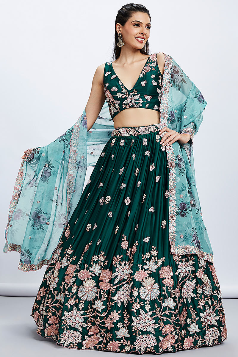 Dark Green Satin Sequins Embroidered Lehenga For Mehndi 