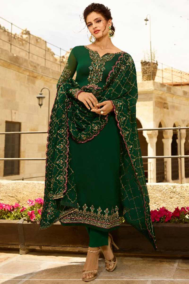 Unstitched Green Cotton Salwar Suit Dress Material with Embroidery –  Stilento