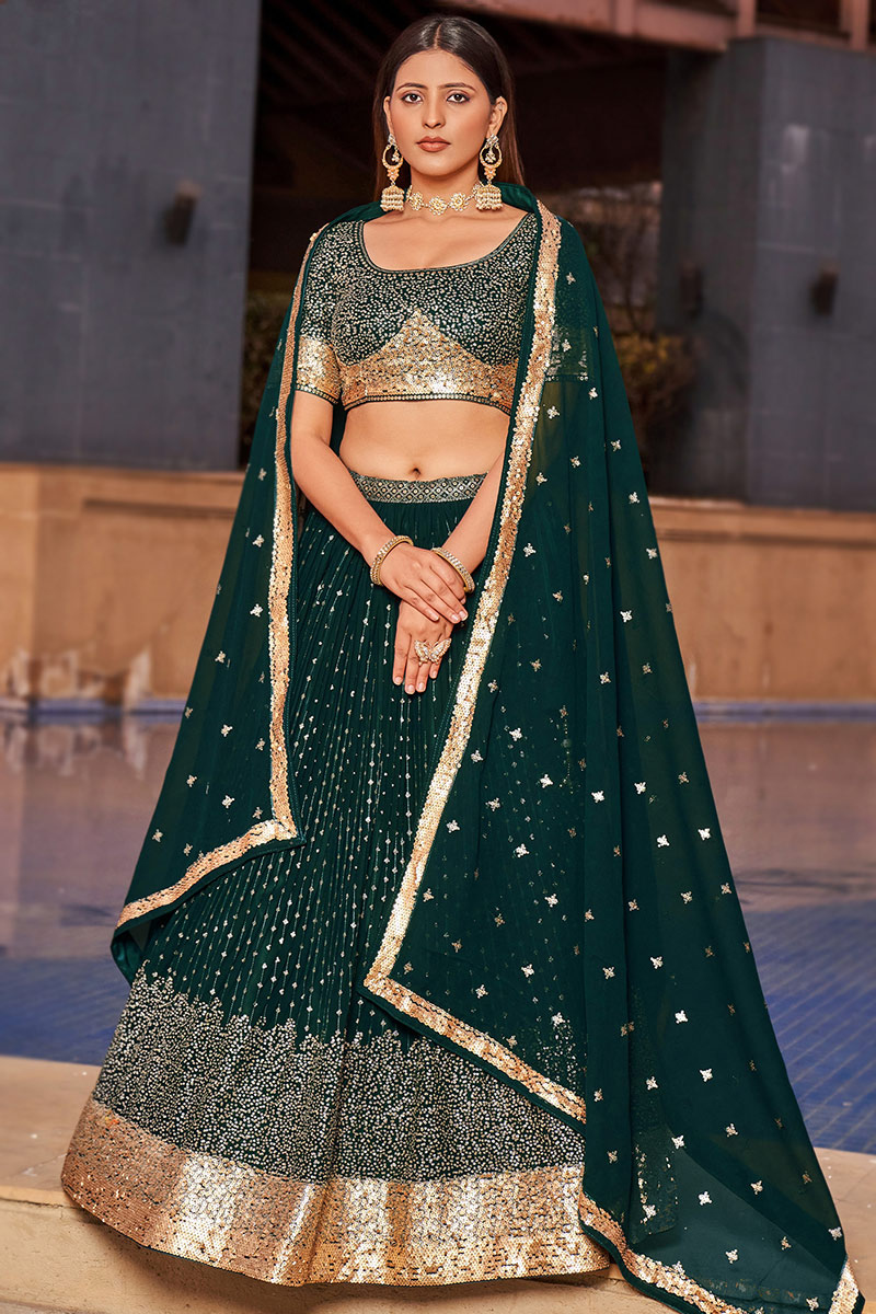 Dark Green Sequins Embroidered Georgette Party Wear Lehenga 