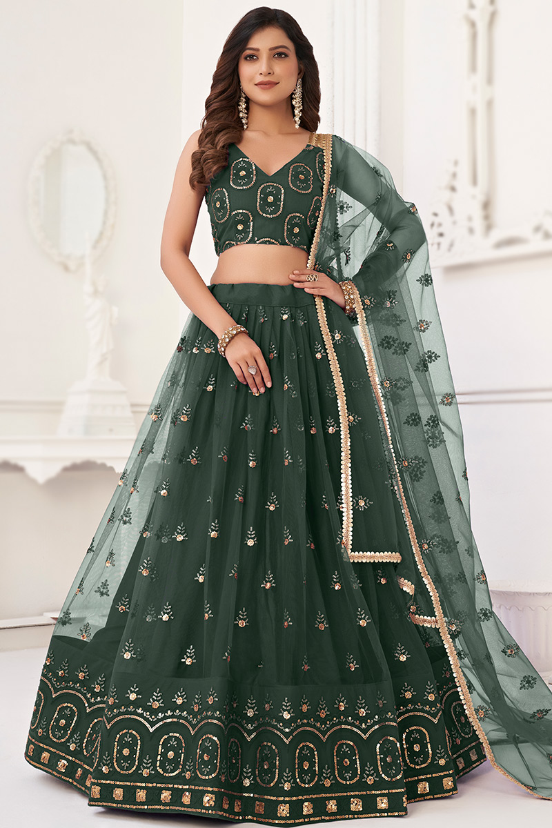 Flared Net Lehenga in Dark Green with Resham Embroidery