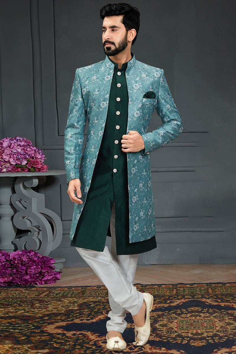 Buy Costume Dark Green Silk Churidar Jacket Style Men Sherwani