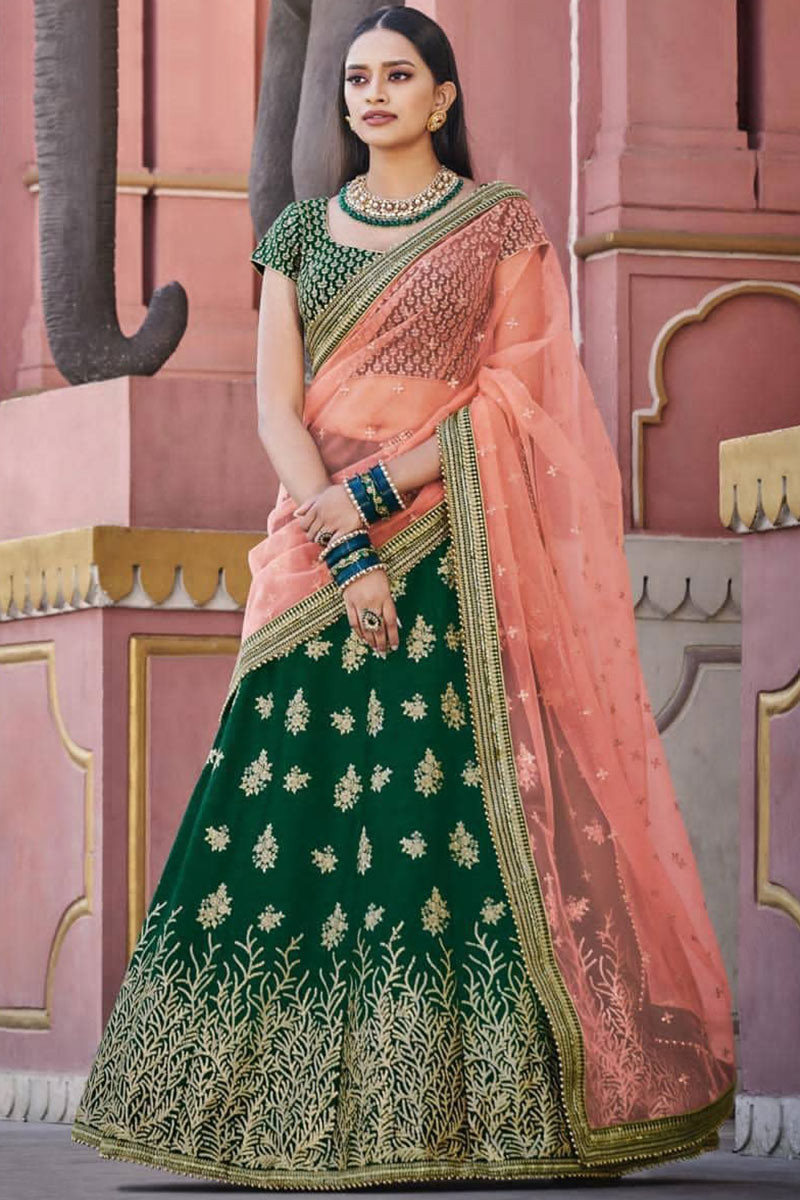 Dark Green Silk Embroidered Lehenga