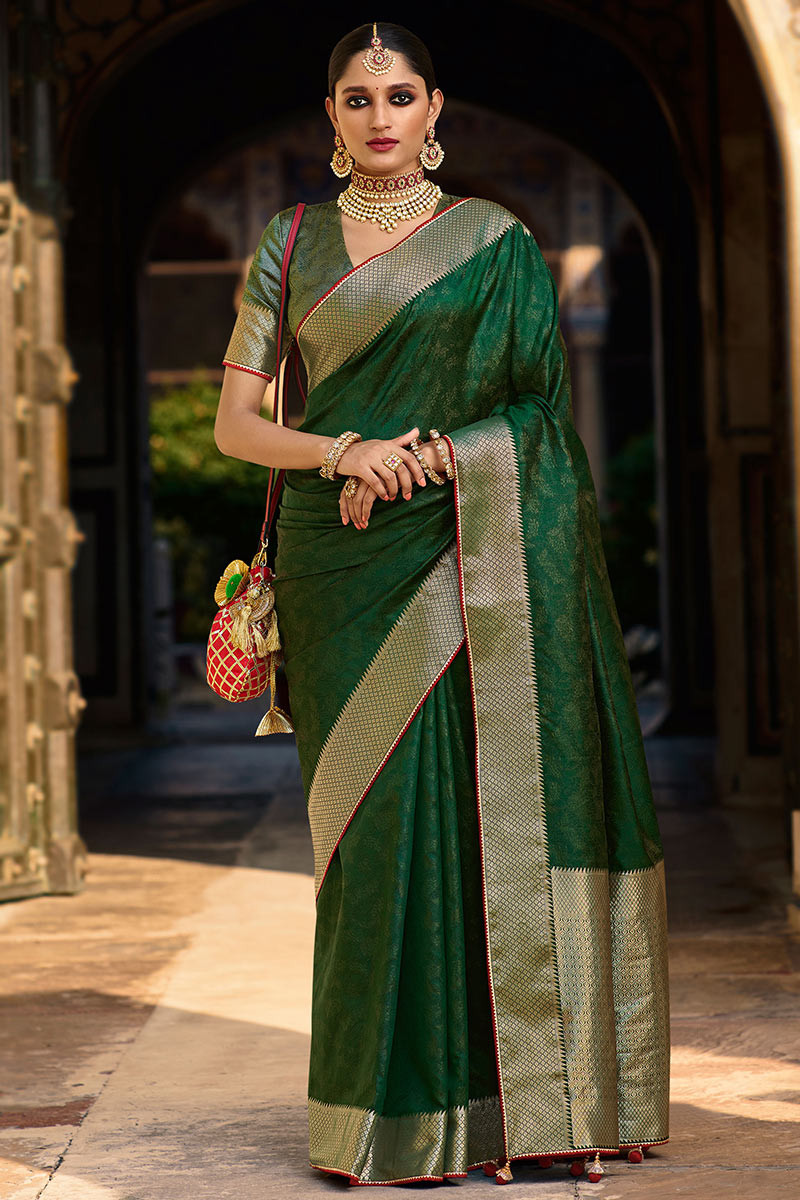 Dark Green Plain Silk Saree | Leemboodi