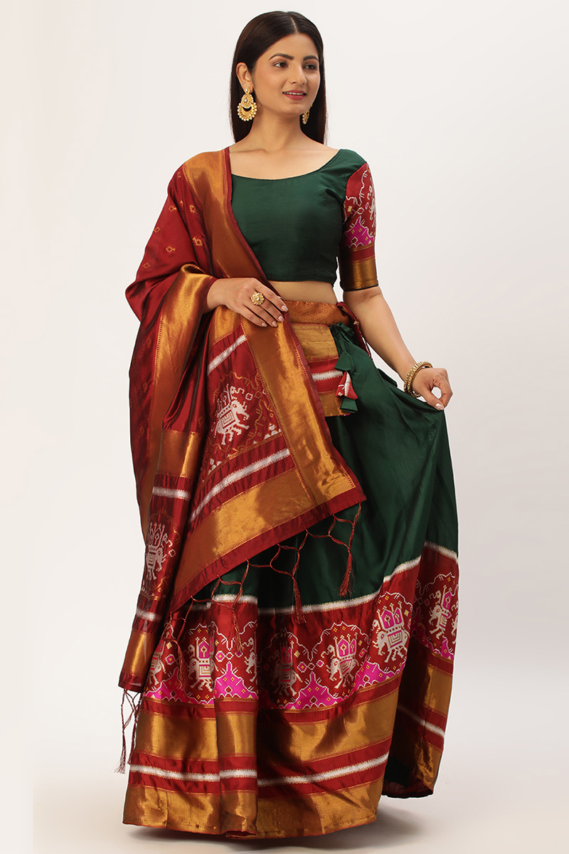 Dark Green Taffeta Silk Patola print Flared Lehnga 