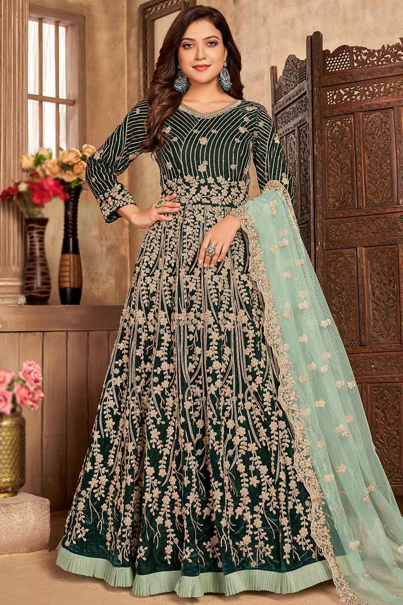 Looking for Latest Dark Green Anarkali Suit with Zari For Eid LSTV115253