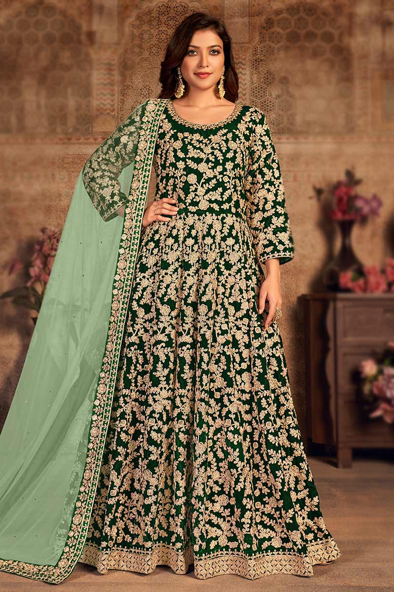 Grab the stylish Dark Green Velvet Embroidered Anarkali Suit LSTV117679