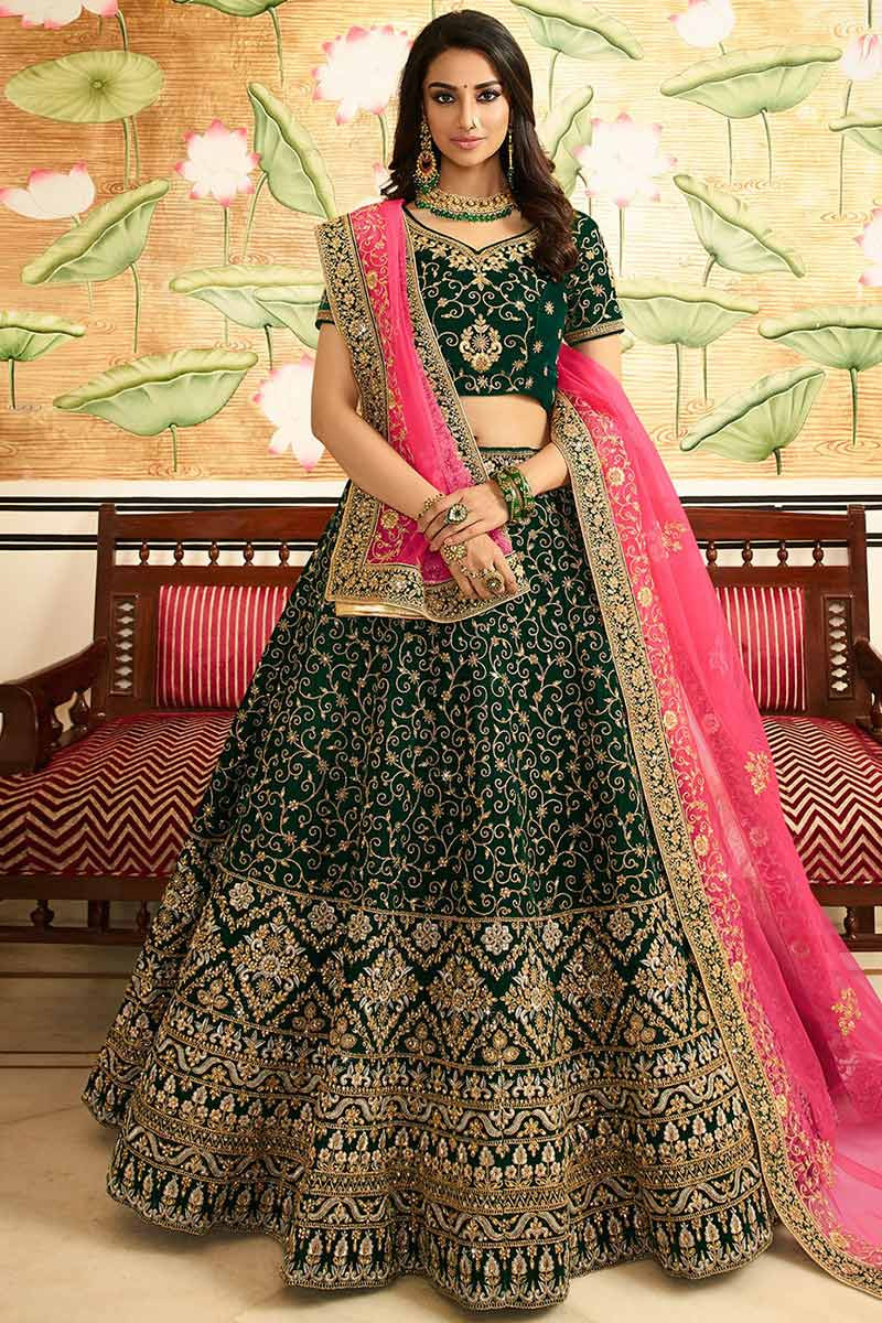 Buy Dark Green Silk Lehenga with Silk Choli and Net Dupatta online -Andaaz  Fashion