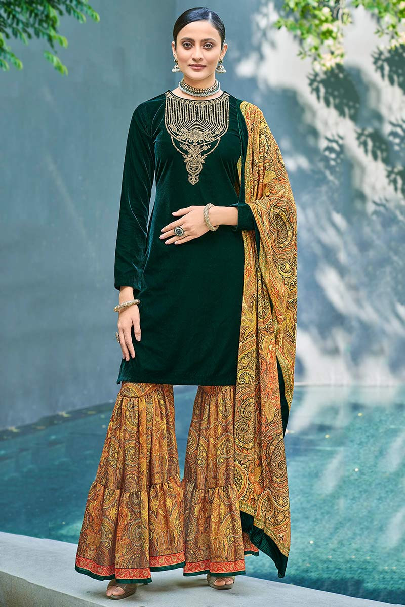 Embroidered Velvet Sharara Suit in Green - Ucchal Fashion