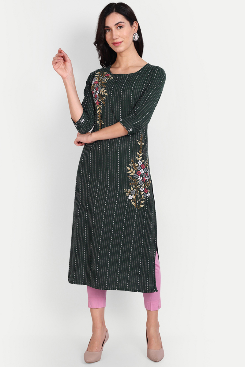 Dark Green Weaved Thread Cotton Ready Made Casual Wear Kurti