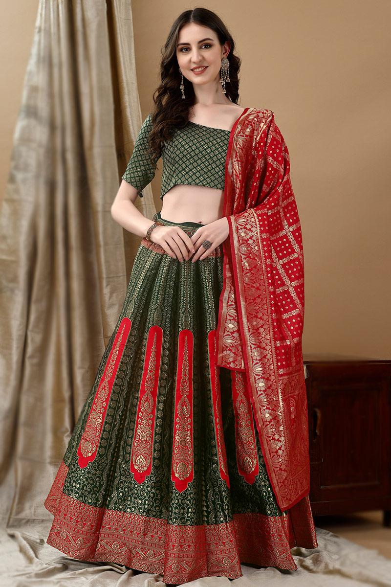 Dark Green Woven Zari Art Silk Panelled Style Lehenga