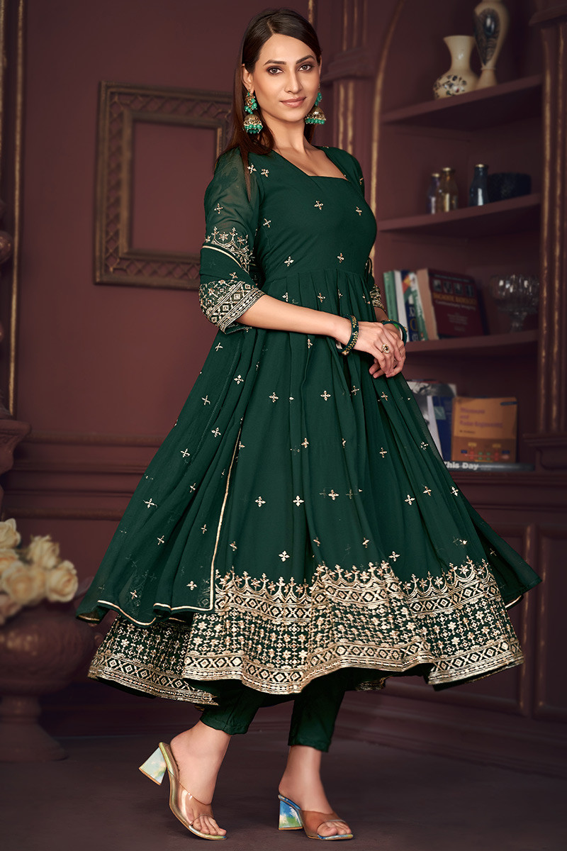 Dark Green Zari Embroidered Georgette Anarkali Suit For Mehndi LSTV128659