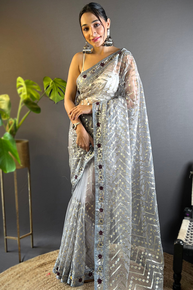 Dark Grey Net Embroidered Light Weight Saree