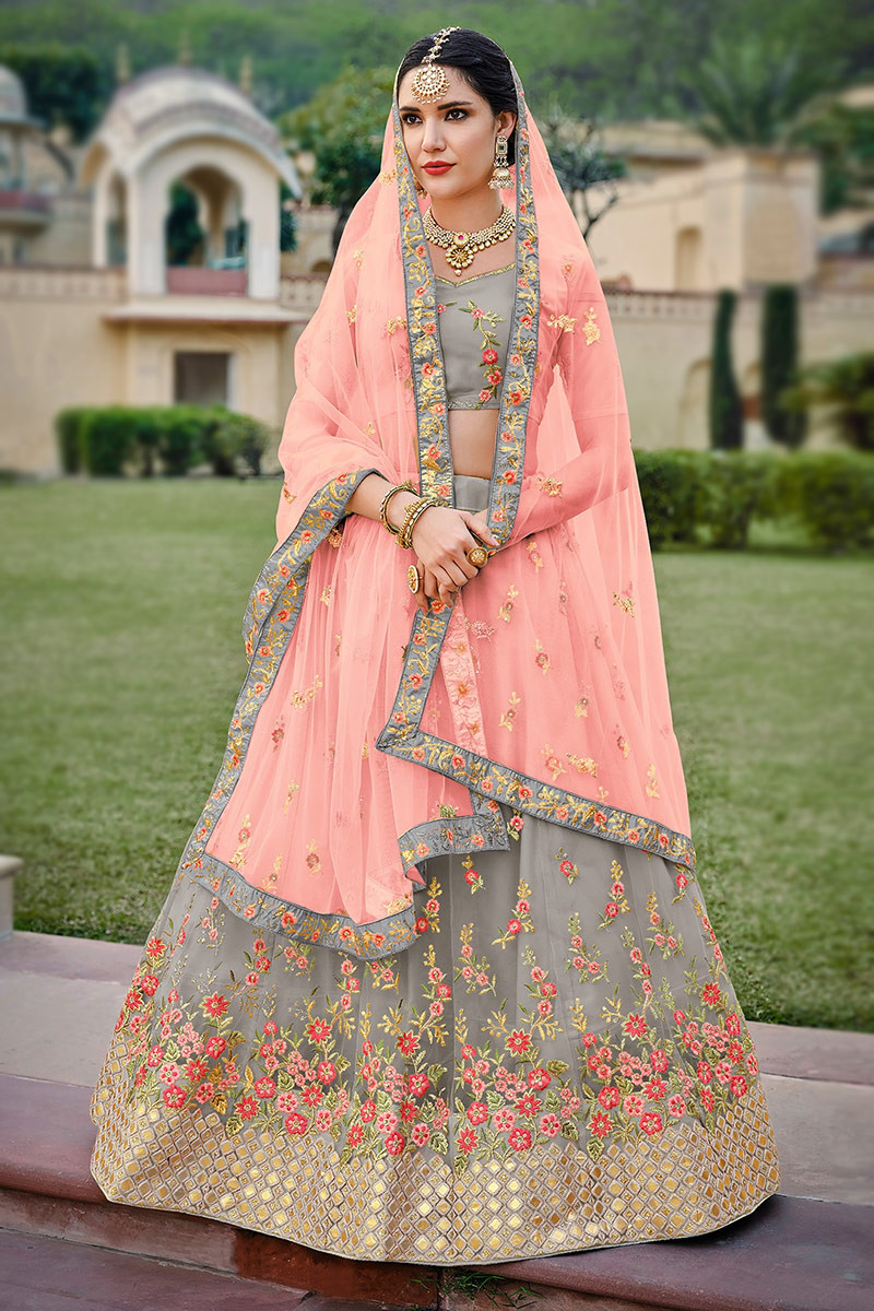 Dark Grey Net Floor Length Lehenga