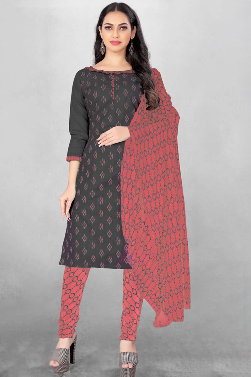 Dark Grey Printed Cotton Casual Wear Churidar Suit LSTV125891