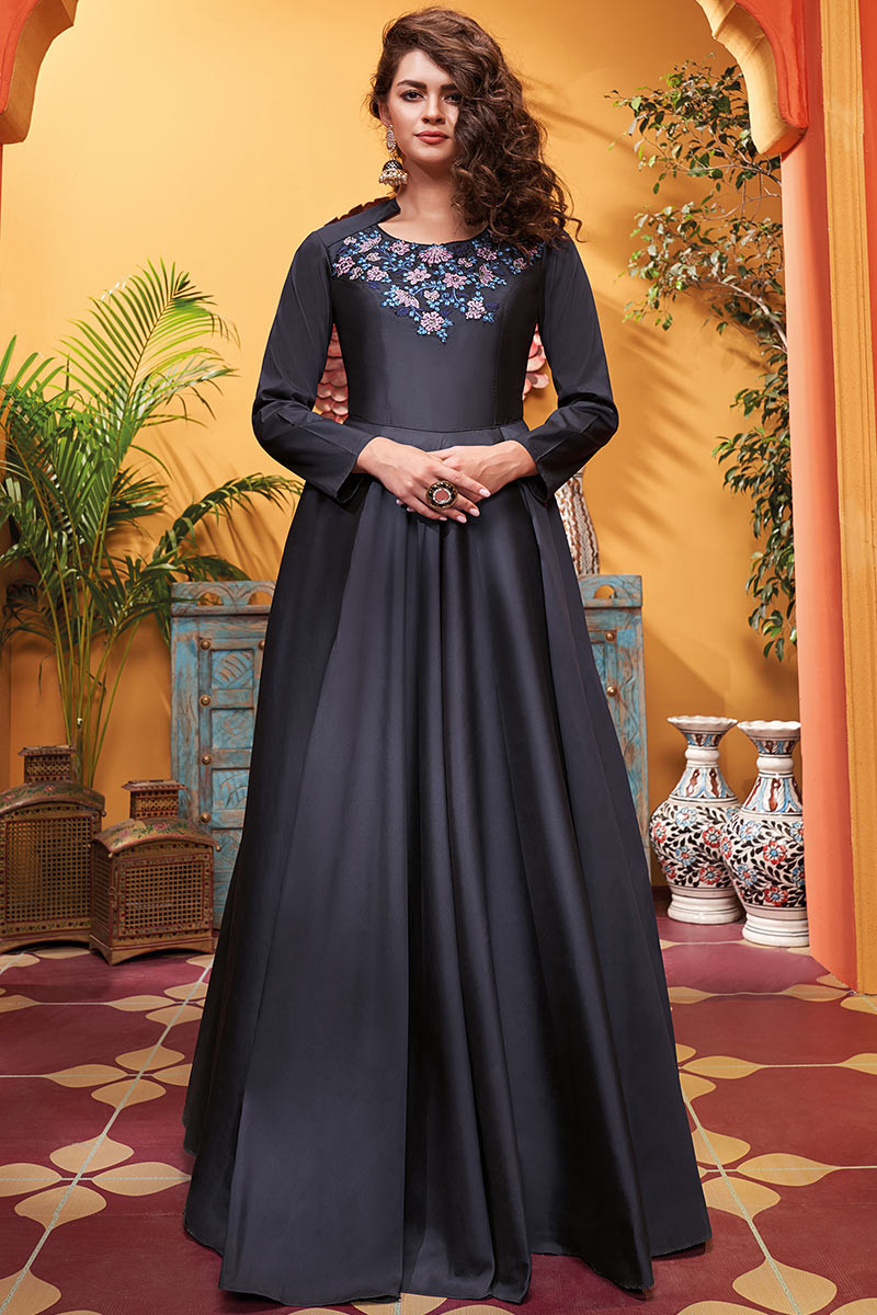 Buy Dark Grey Silk Anarkali Gown With Resham Work Online