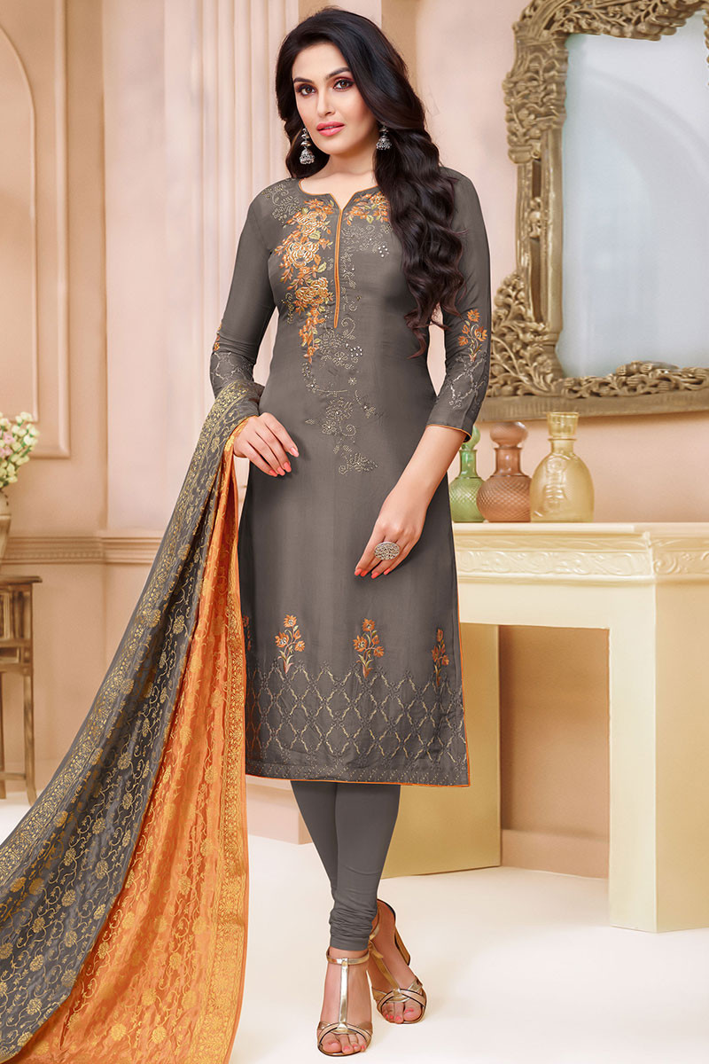 Dark Grey Silk Churidar Suit With Mukaish Work