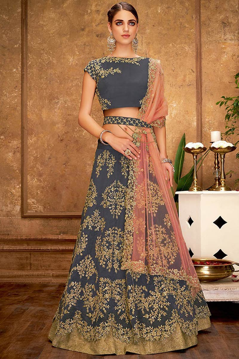 Buy Dark Grey Silk Lehenga with Silk Choli Online LLCV01489 Andaaz Fashion