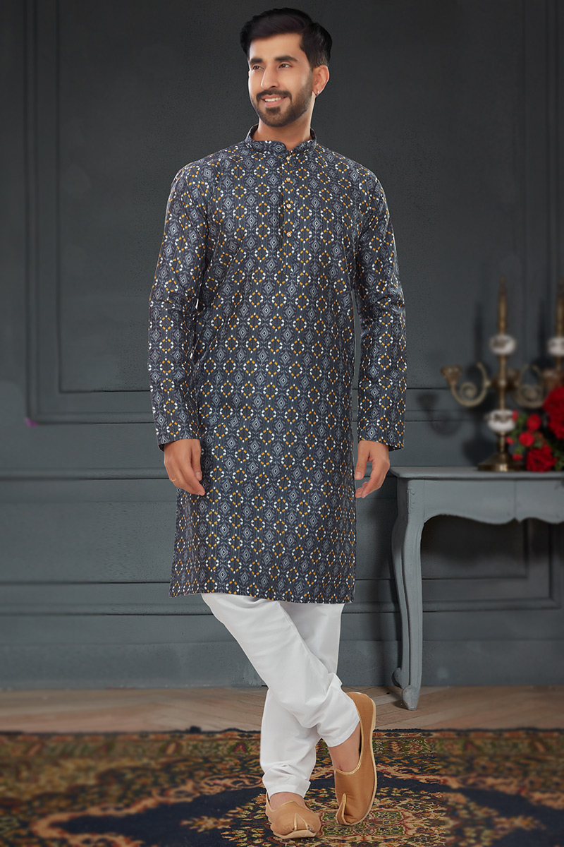 Dark Grey Silk Straight Cut Men Kurta Pajama