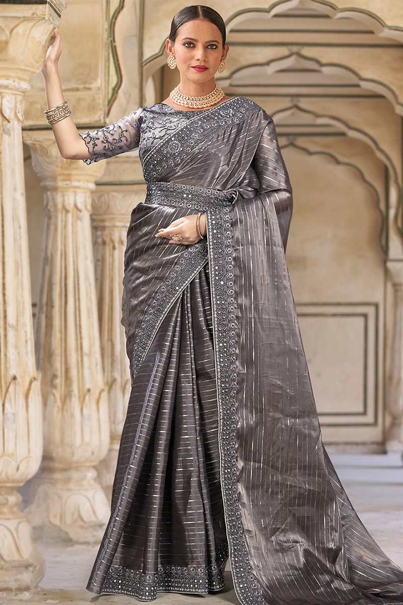 Dark Grey Weaved Lurex Thread Georgette Fancy Saree 
