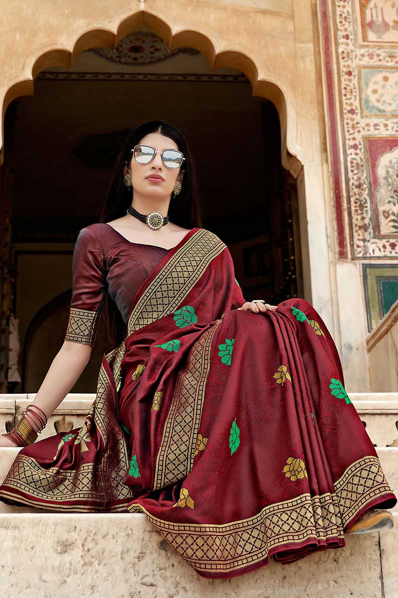 Shraddha arya maroon woven saree with blouse - Vanya - 3531549