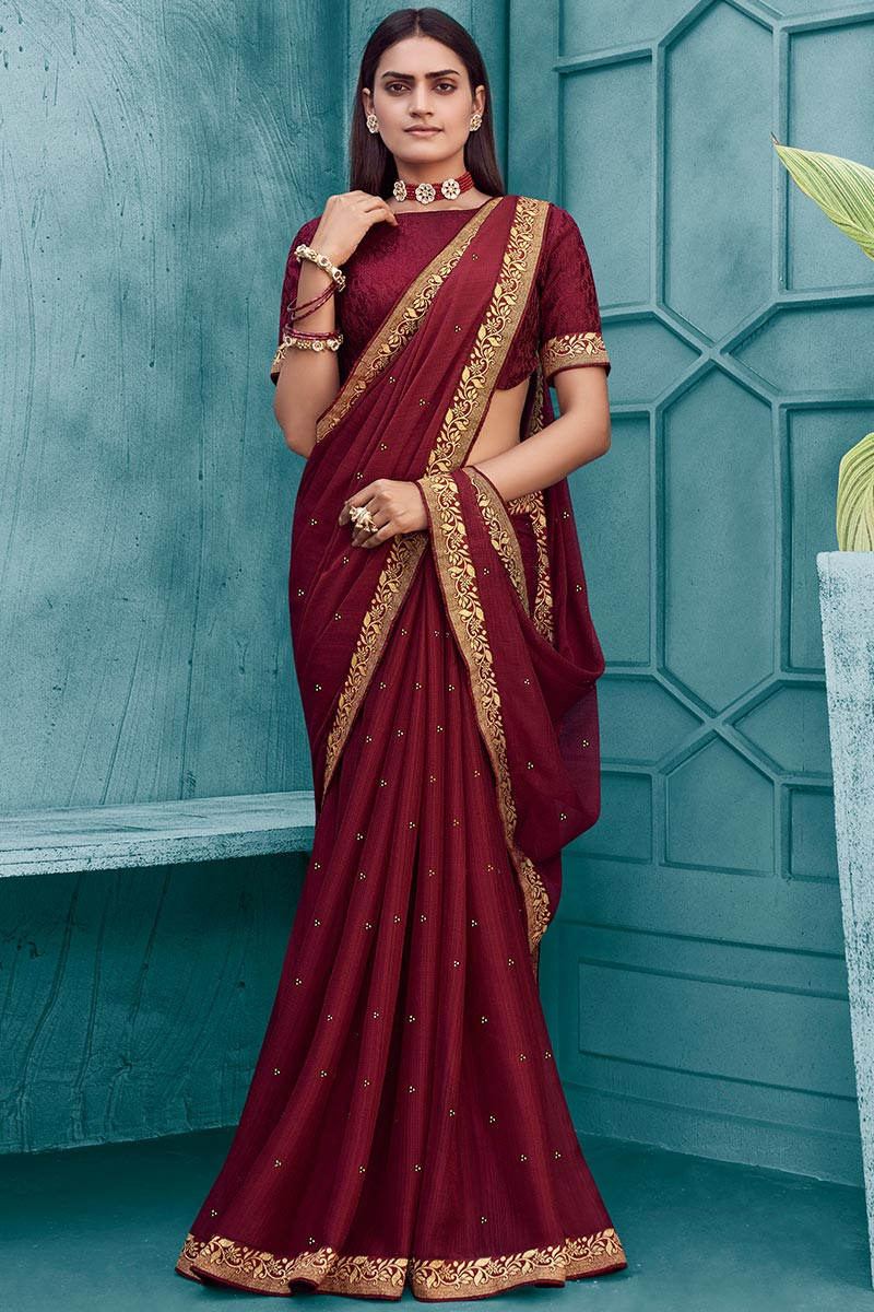 Mustard Yellow Blouse With Trendy Coin Embroidery Paired With Contrast  Maroon Saree -