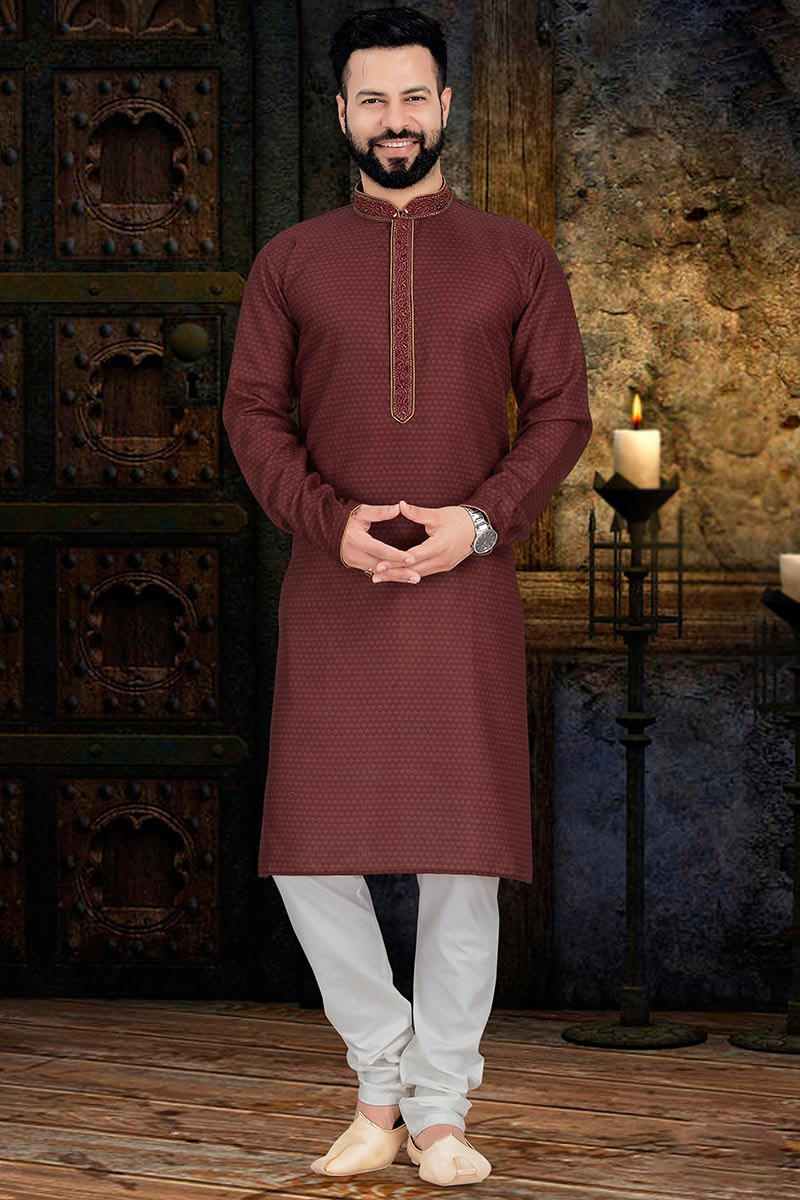 Dark Maroon Cotton Printed Men s Kurta Pajama