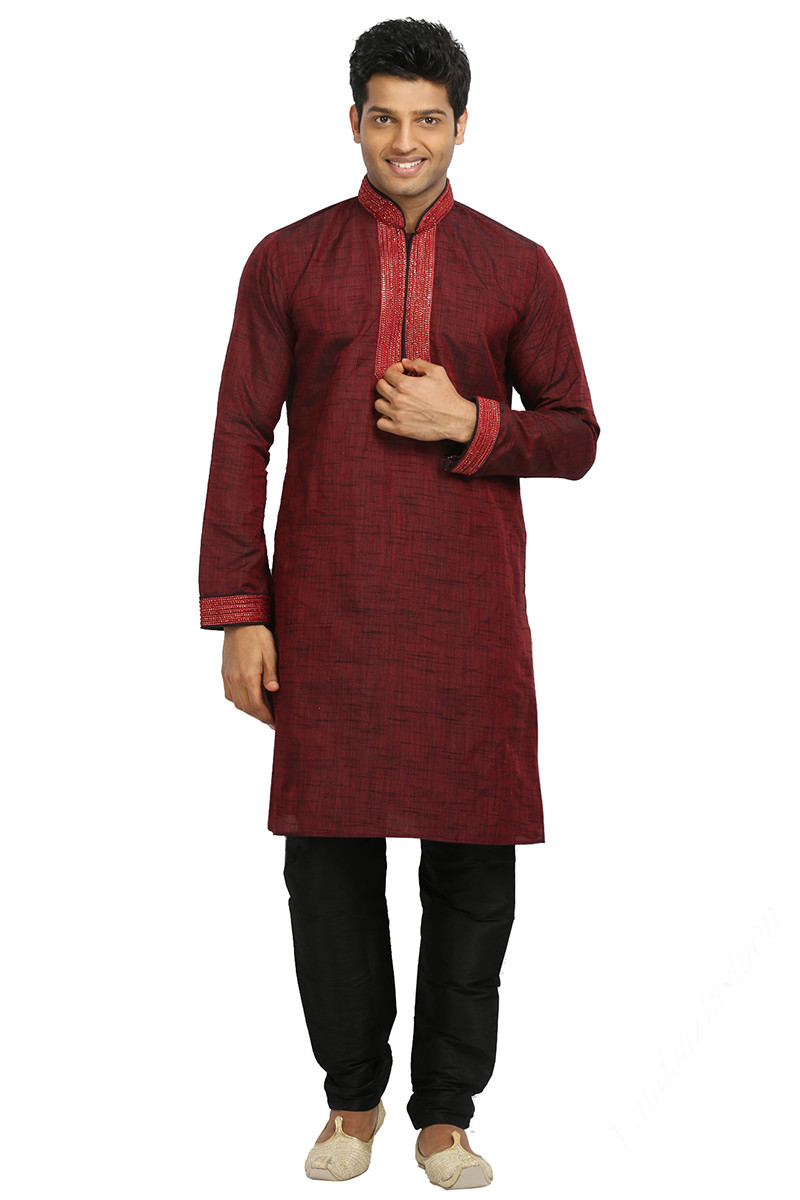 Men Kurta Churidar in Dark Maroon Embroidered Fabric MKPA03965