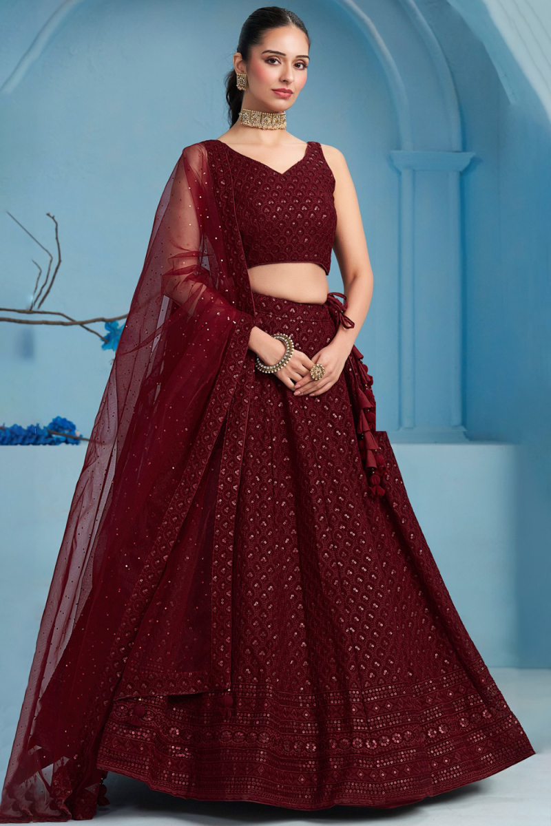 Dark Maroon Embroidered Georgette Panelled Style Lehenga