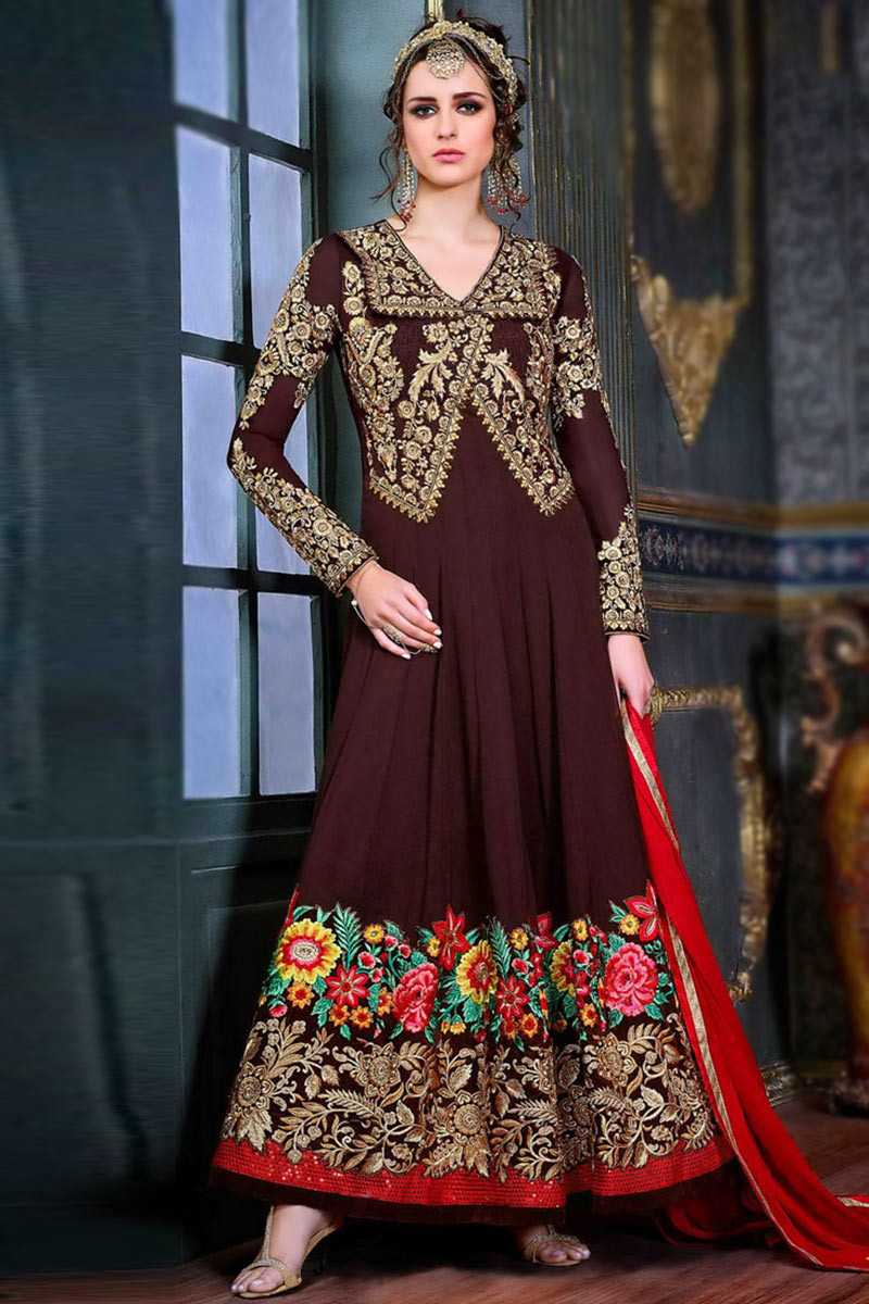 Women Maroon Embroidered Anarkali Kurta– Inddus.in