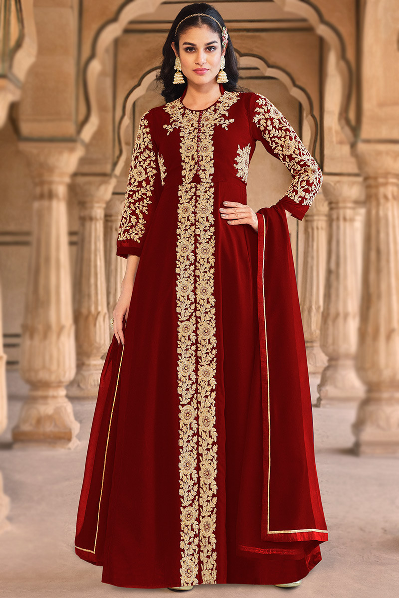 Georgette Dark Maroon Anarkali Suit LSTV122236