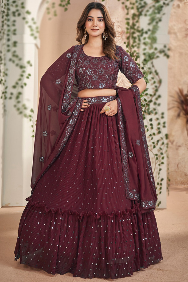 Dark Maroon Georgette Embroidered Flared Lehenga 