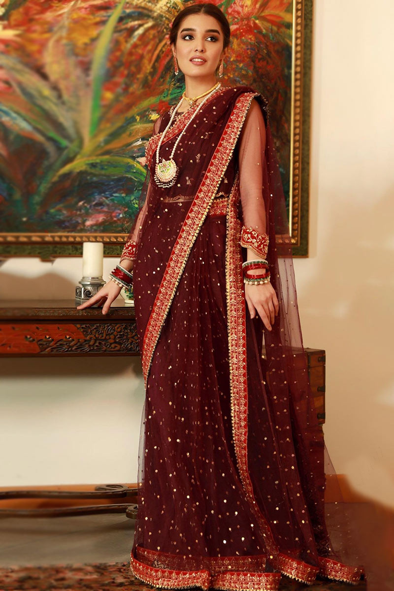 Buy Banarasi Silk Maroon and Sea Green Traditional Designer Saree For Bridal  Online
