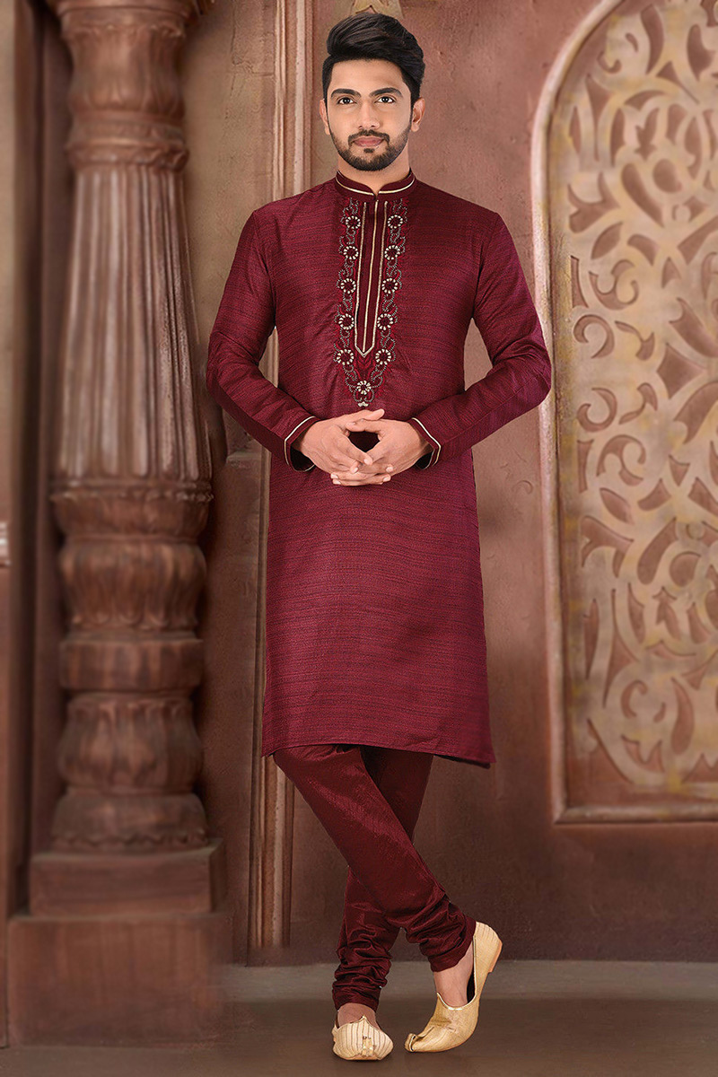 Dark Maroon Silk Embroidered Men's Churidar Kurta 
