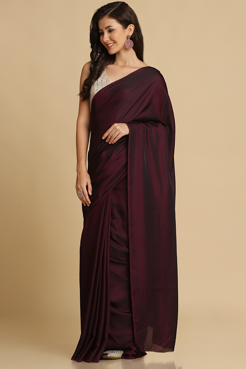 Maroon Plain Saree - Flatshop