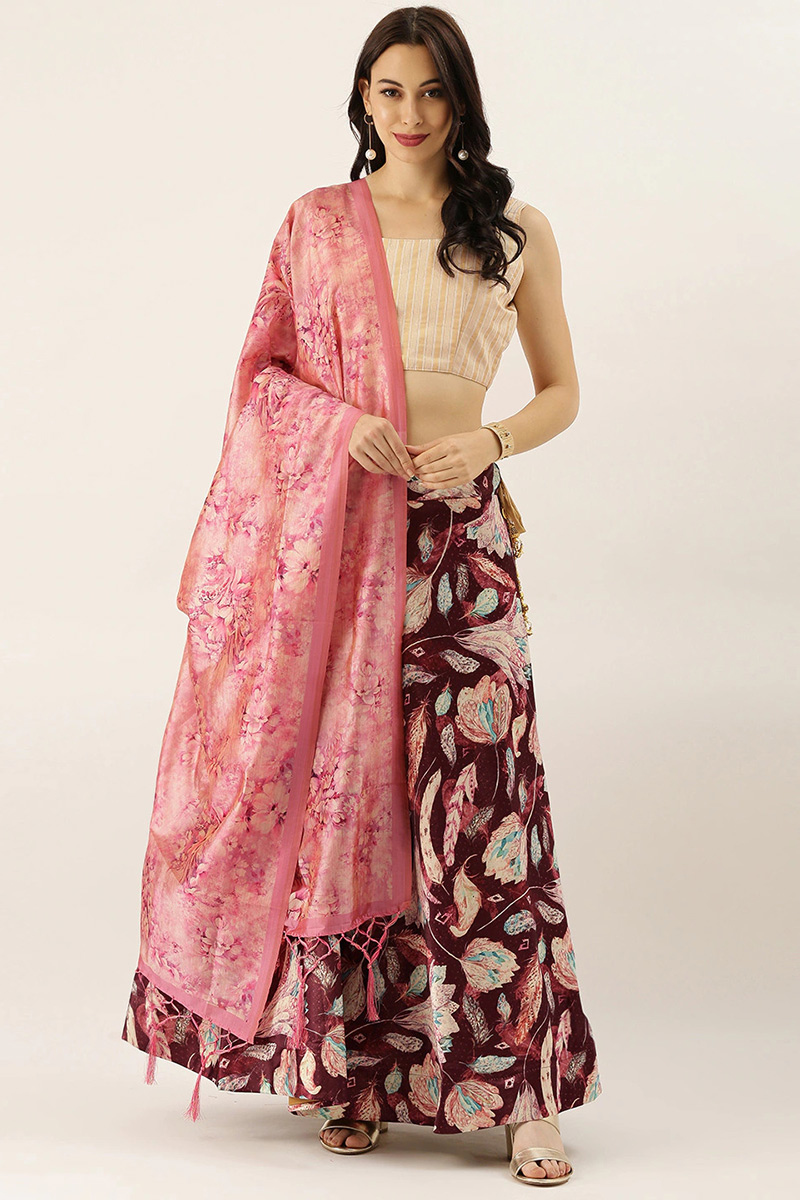 Dark Maroon Silk Printed A-Line Style Lehenga 