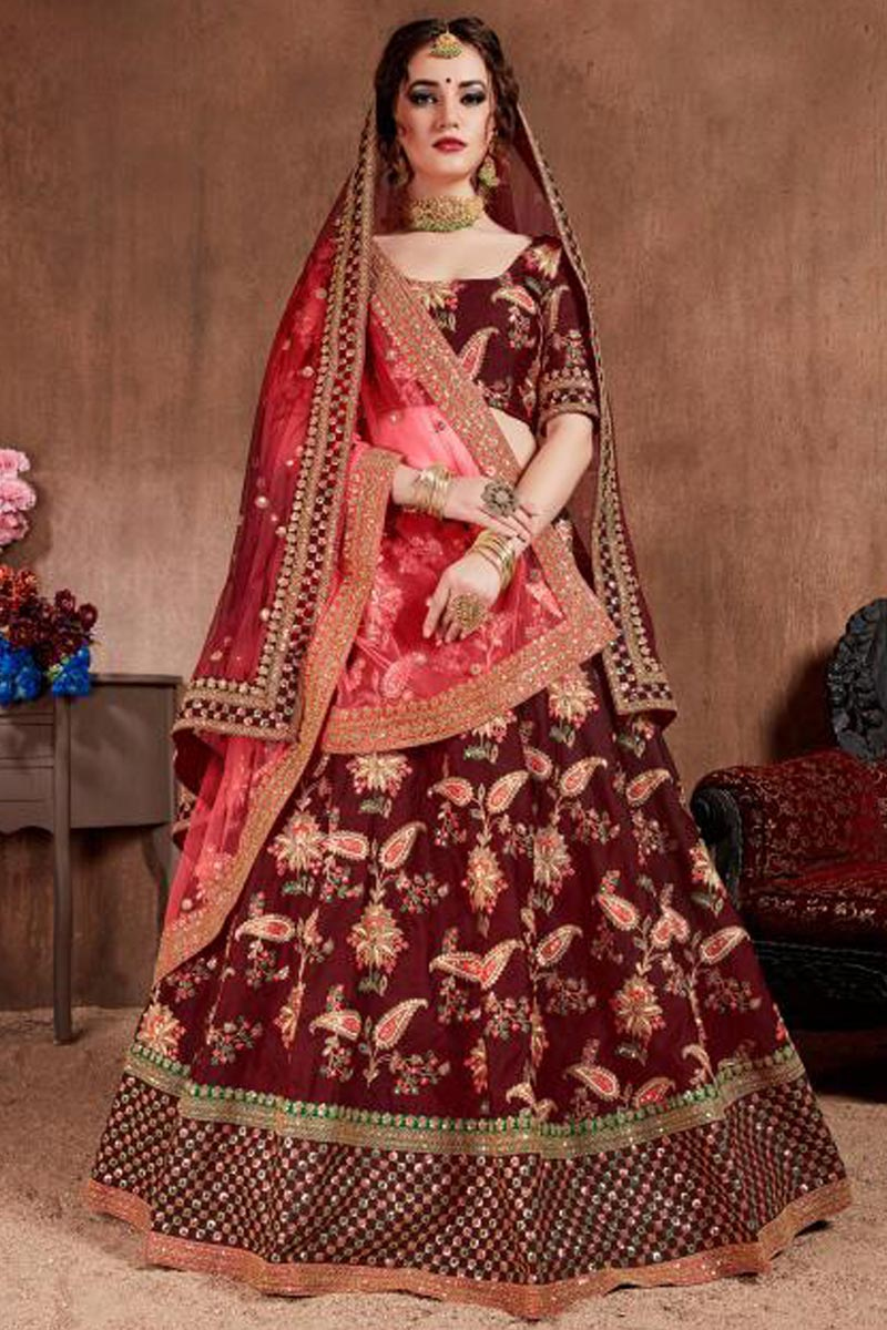 Dark Maroon Soft Silk Embroidered Lehenga