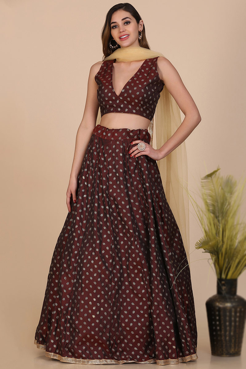 Dark Maroon Taffeta Silk Foil Printed Lehenga