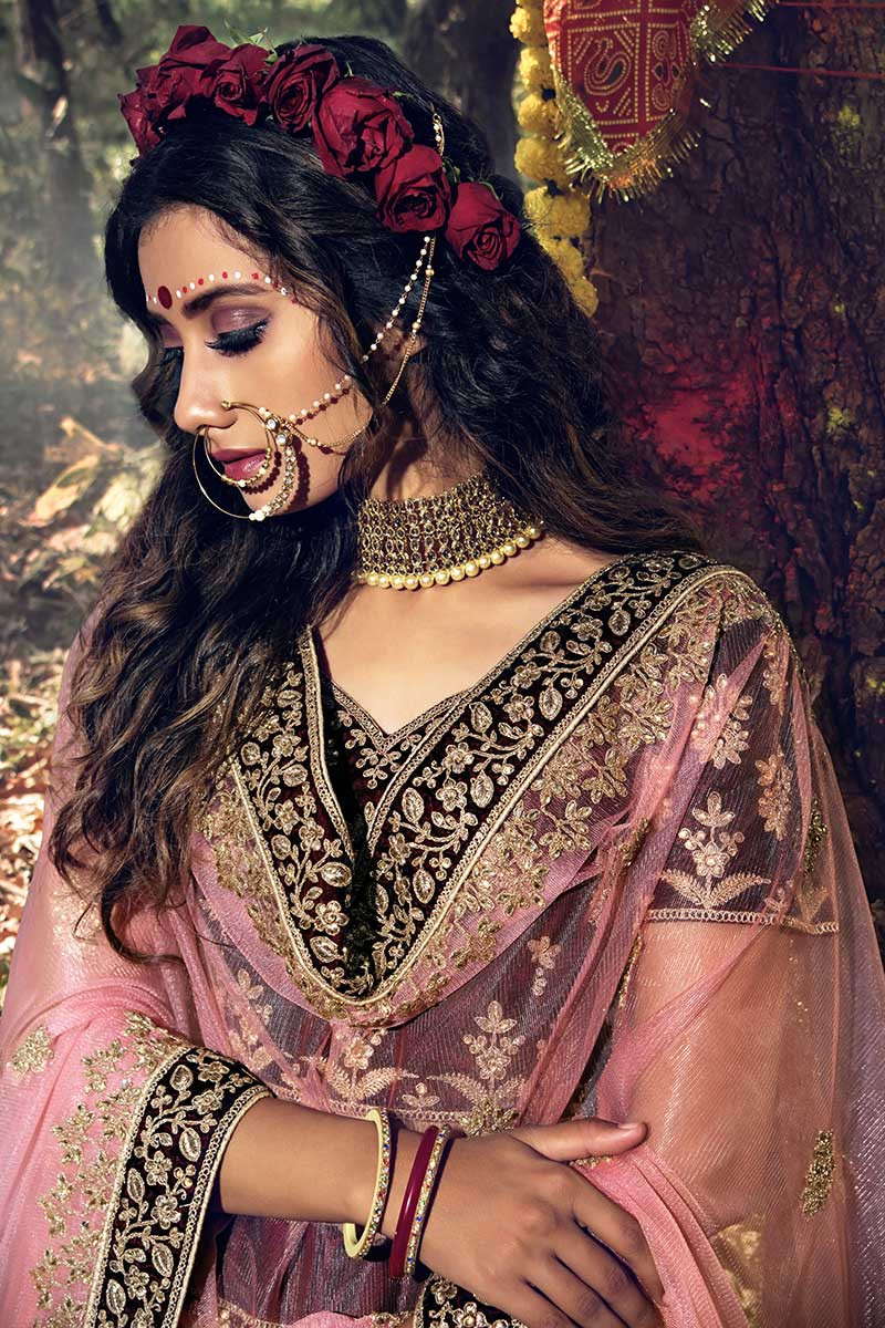 Exquisite Dark maroon Velvet Bridal Lehenga Choli - LC2860