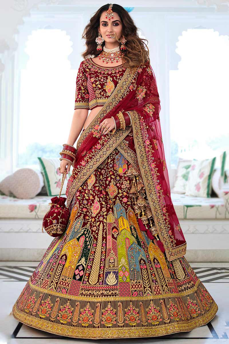 Printed Velvet Dark Maroon Embroidered Bridal Lehenga, Size: Free Size, 3  Piece at Rs 6399 in Surat