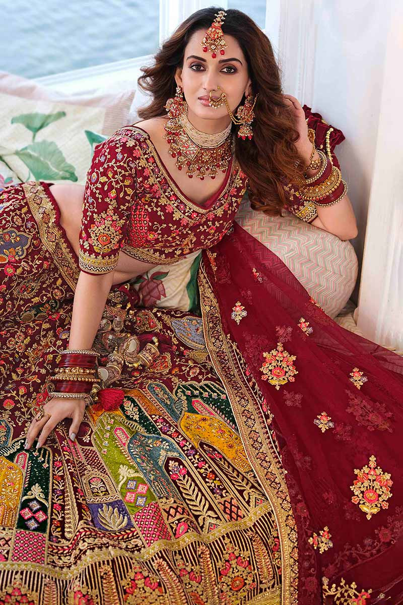 MAROON BRIDAL LEHENGA WITH GOLDEN EMBROIDERY -