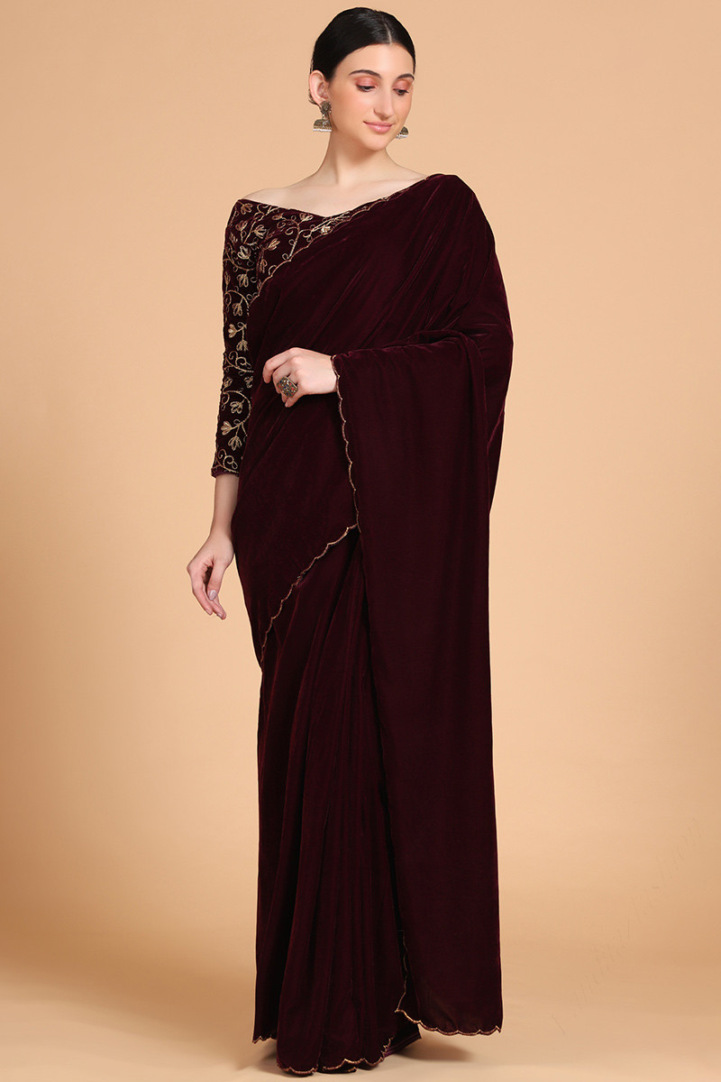 dark maroon velvet plain saree with heavy blouse sarv131634 3