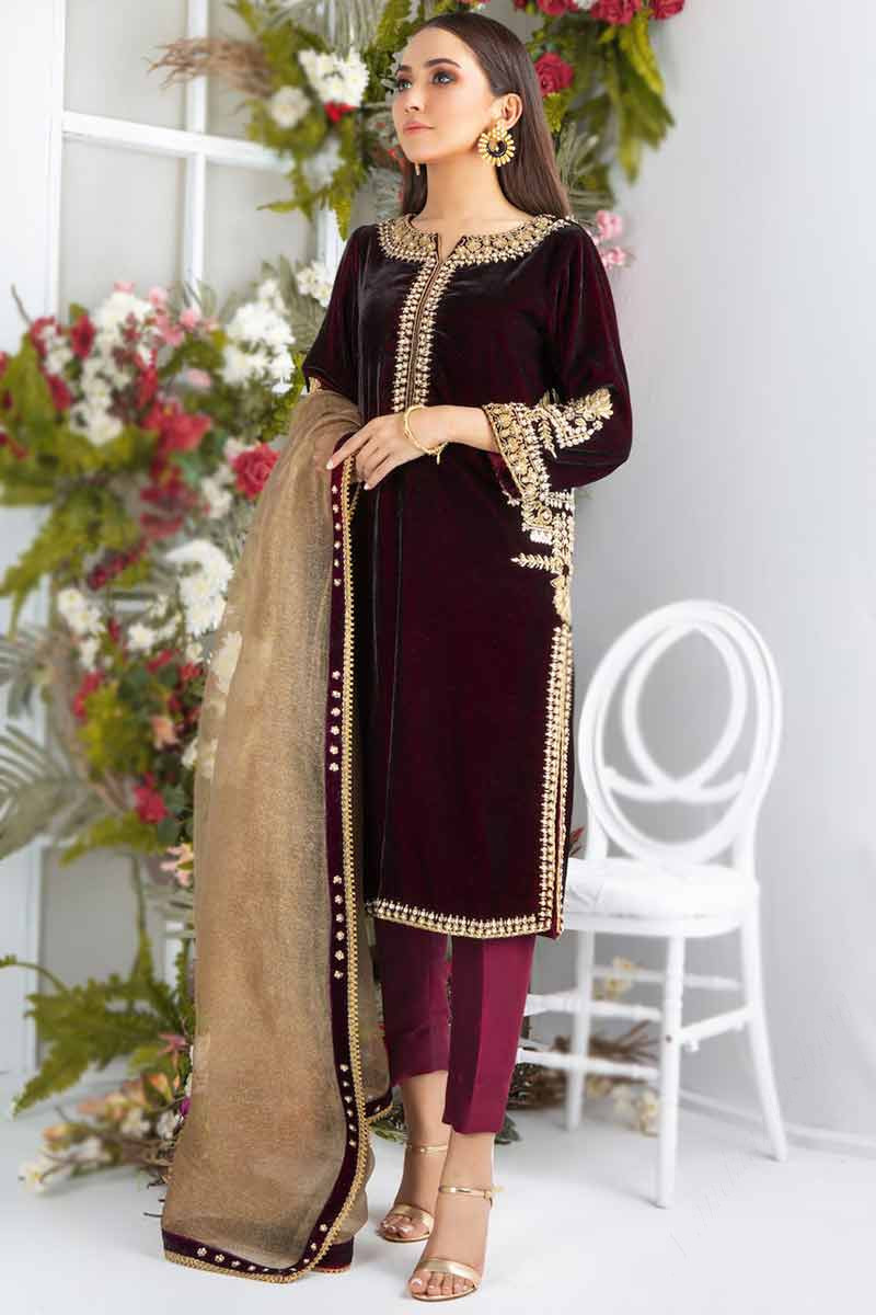 dark maroon velvet straight cut pakistani trouser suit lstv113073 1