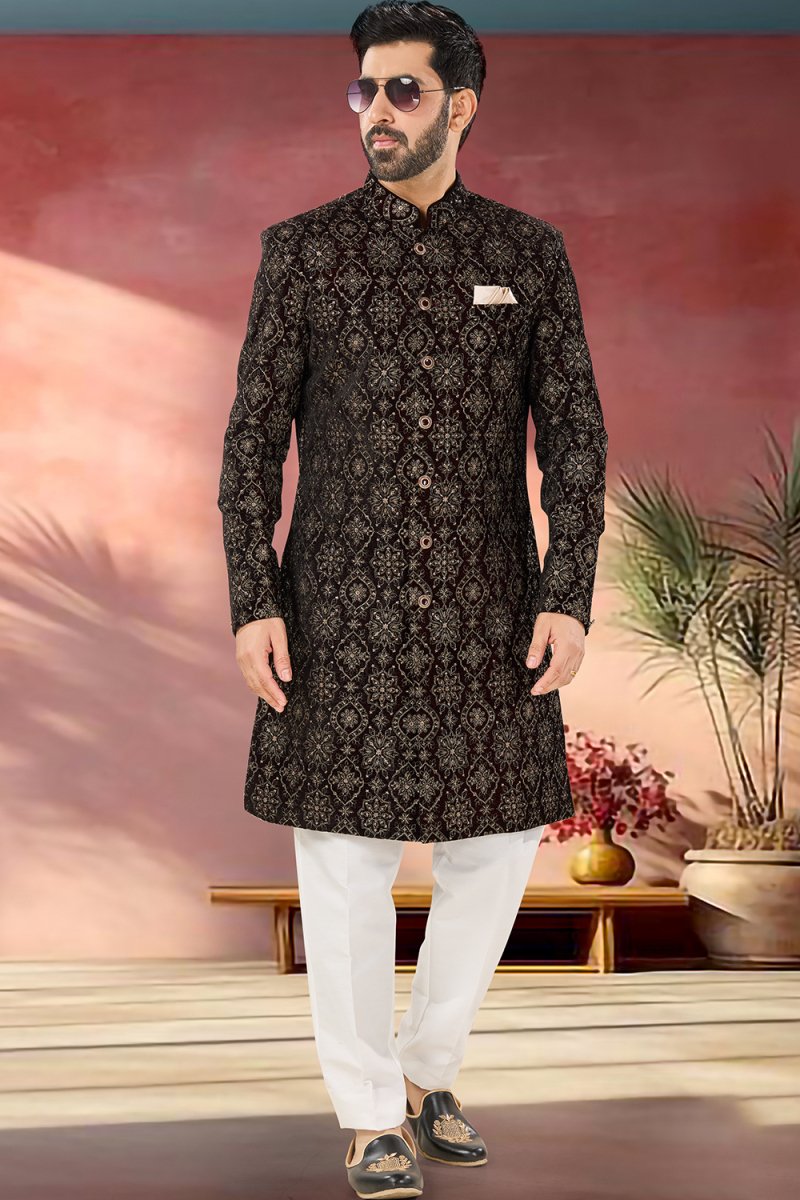 Dark Maroon Velvet Zari Embroidered Straight Cut Men's Sherwani 