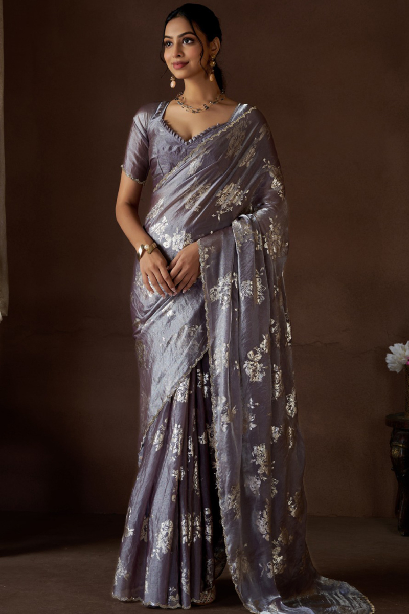 Dark Mauve Foil Print Organza Light Weight Saree