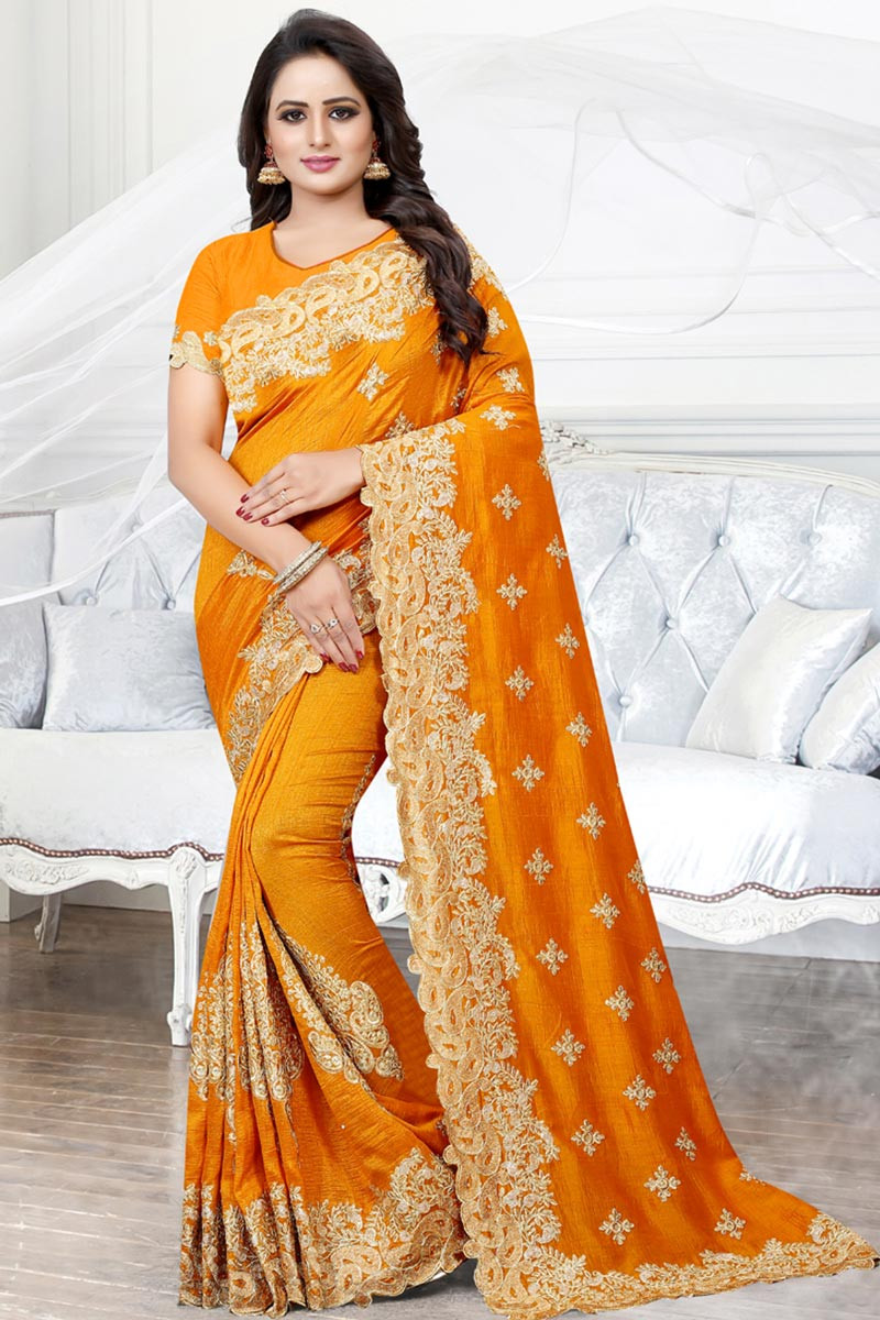 Buy Yellow Silk Zari Work Saree Wedding Wear Online at Best Price | Cbazaar