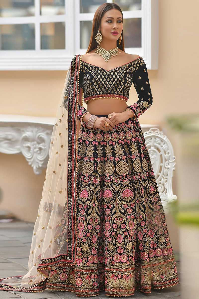 Bridal Wear Lehenga Choli Pearl Work Blue Velvet Lengha Indian Ethnic  Wedding | eBay