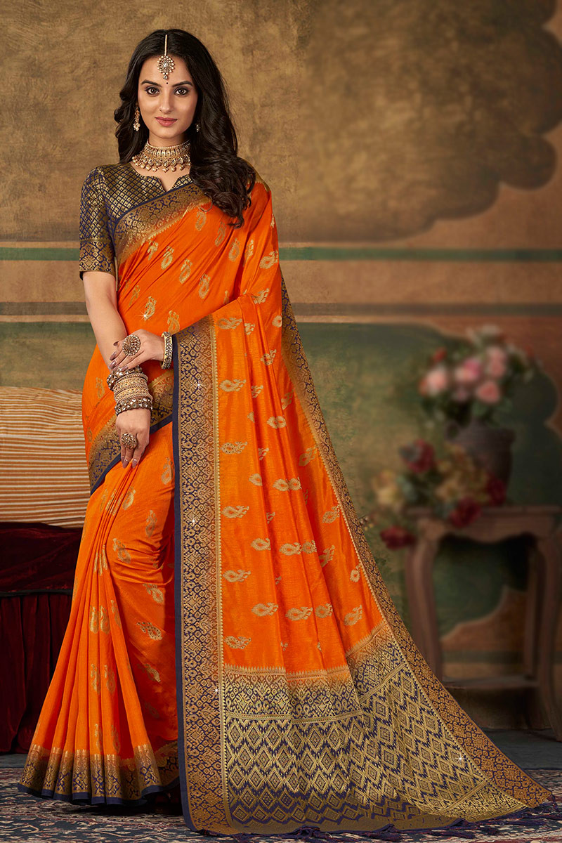 Vishal Prints Dark Orange Printed Georgette Saree With Satin Piping