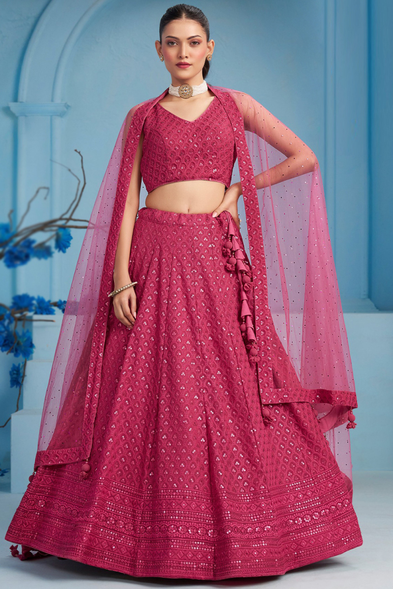Dark Pink Embroidered Georgette Panelled Style Lehenga