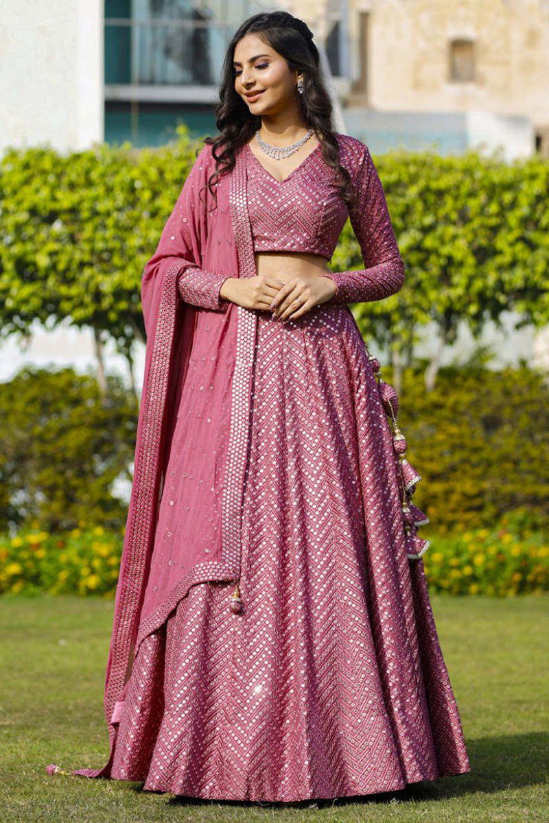 Dark Pink Georgette Embroidered A Line Lehenga