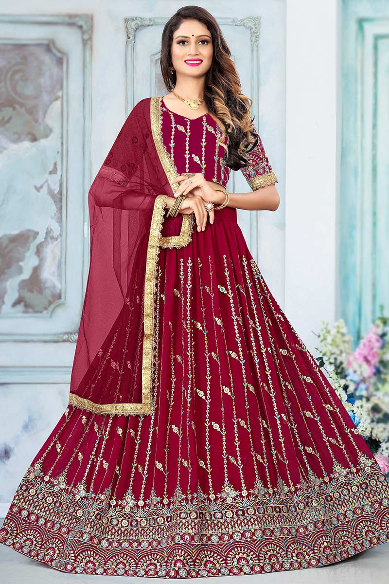Georgette Dark Pink Sangeet Lehenga with Sequins embroidery